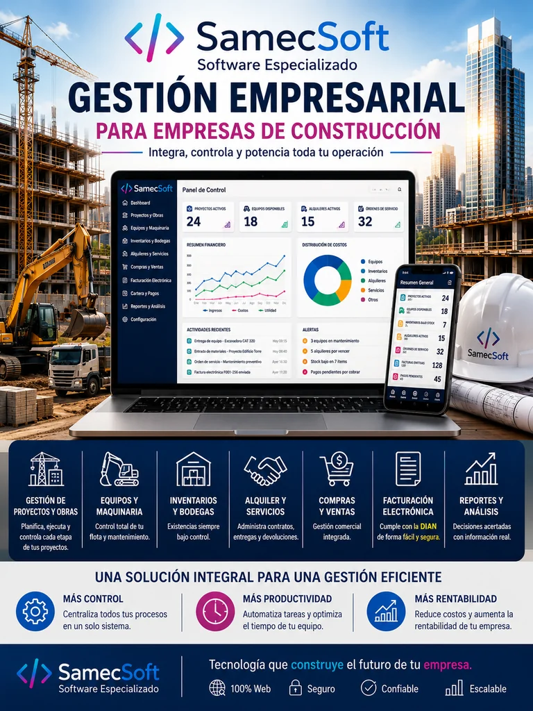 Software empresarial para construcción con gestión de equipos, inventarios, servicios y facturación electrónica | SamecSoft